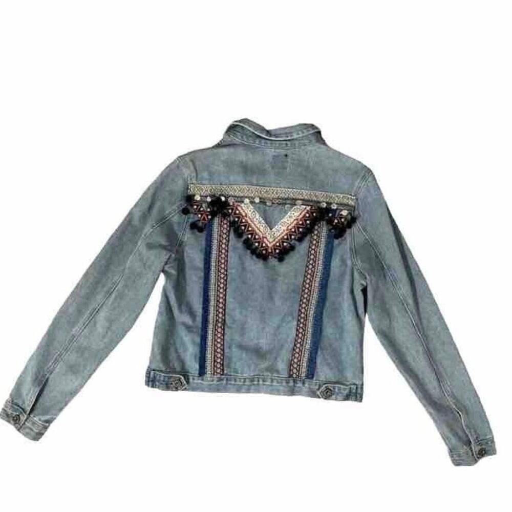 Boom Boom (L) Denim Jean Jacket Embroidered Tassels Button Coat Women’s Large